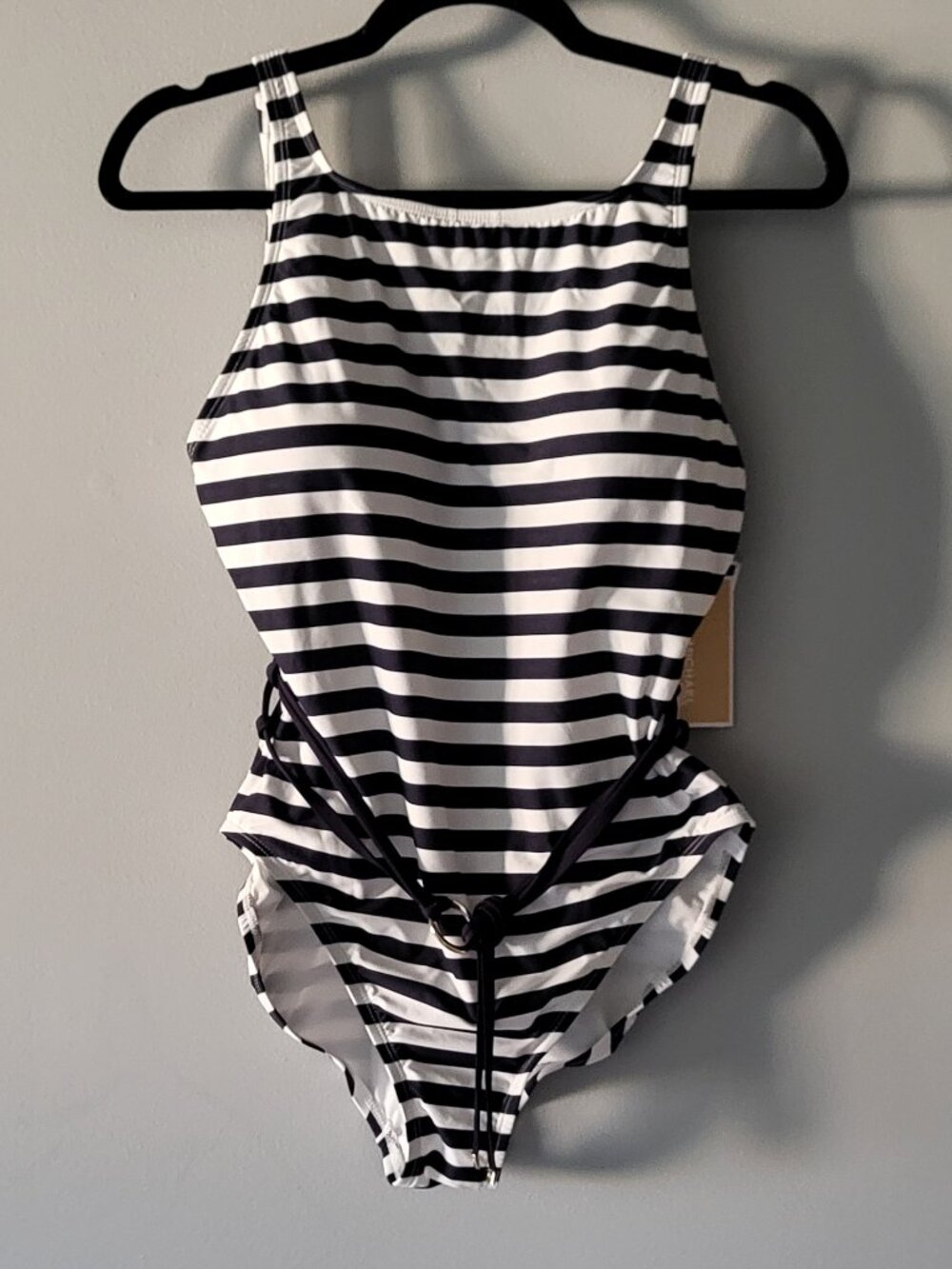 MICHAEL Michael Kors Navy Striped Belted One Piece Swimsuit Size 12 - Picture 3 of 6